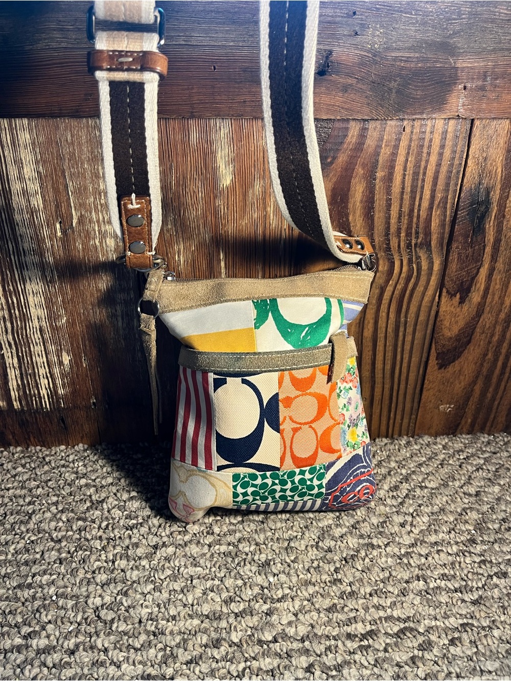 Coach Multicolor Patchwork Crossbody Bag with Tan Trim